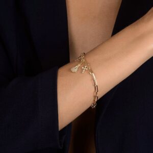 Pulseira Dourada Religiosa Nossa Senhora, Espírito Santo e Cruz com Zircônia